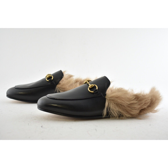 Gucci Princetown Black Leather Fur Loafer Slide Slip On Mule Slipper Flat 36 - Picture 9 of 12
